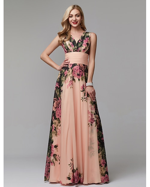 A-Line Party Dress Floral Dress Holiday Wedding Guest Floor Length Sleeveless V Neck Bridesmaid Dress Chiffon with Pattern / Print 2024