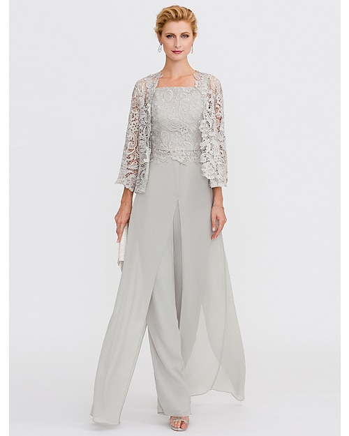 Jumpsuit / Pantsuit 3 Piece Mother of the Bride Dress Formal Wedding Guest Elegant Plus Size Square Neck Floor Length Chiffon Corded Lace Sleeveless Wrap Included with Lace Appliques 2024