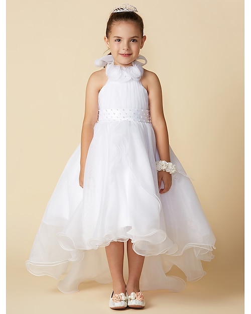 A-Line Asymmetrical Flower Girl Dress Wedding Cute Prom Dress Organza with Bow(s) Fit 3-16 Years