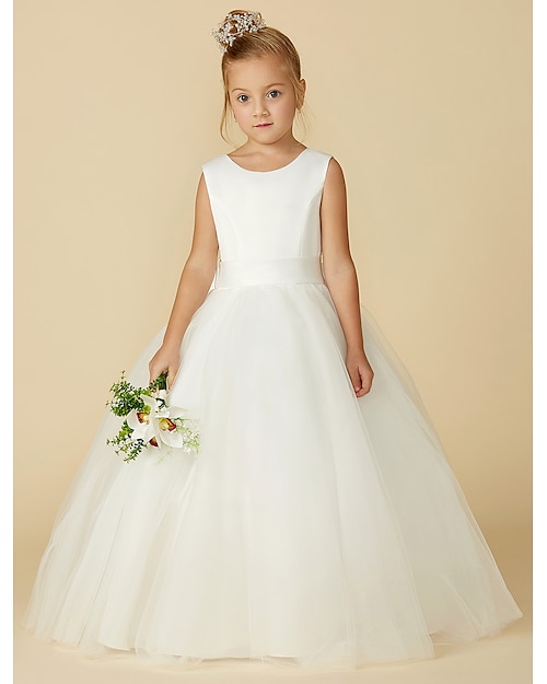 Abito da Ragazza dei Fiori A-Line Lunghezza Piena Prima Comunione Ragazze Abito Prom Carino Satin con Sash  Raso Elegante Fit 3-16 Anni abito da far colpo