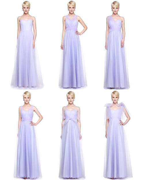 A-Line V Neck Floor Length Tulle Bridesmaid Dress with Ruffles / Side Draping