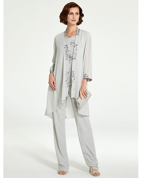 Combinaison  Vêtements de mère de la mariée 3 pièces Formelle Invité de mariage Élégante Grande taille Col bateau Longueur au sol Chiffon Dentelle Sans manches avec volants taille personnalisée