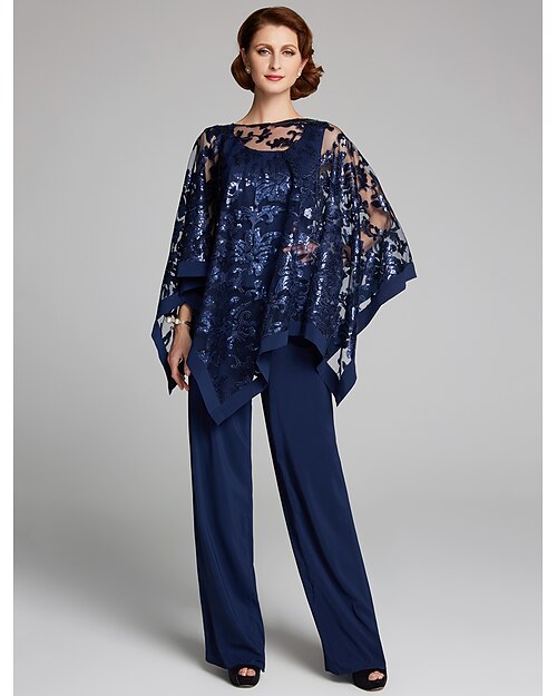 Jumpsuit  Combinaison Mère de la mariée Invité de mariage Élégant Cape Grande taille Éclat  Brillance Encolure dégagée Longue Chiffon Sans manches avec sequins en dentelle