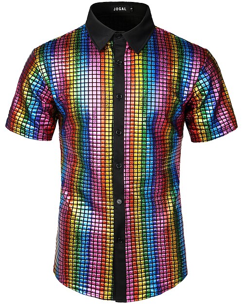 Men's Shirt Solid Colored Geometric Shirt Collar Street Festival Short Sleeve Tops Sexy Rock Punk & Gothic Rainbow