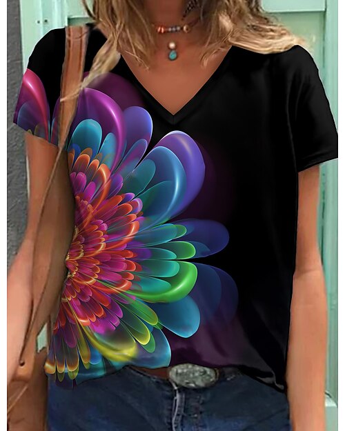 Dames Bloemig Grafisch Dagelijks Weekend Bloemen Thema Verf T-shirt Korte mouw Afdrukken V-hals Basic Tops Zwart S / 3D-afdrukken