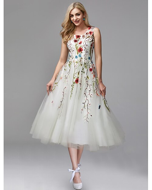 Abiti da Prom A-Line Abito Elegante Ospite di Matrimonio Impegni Lunghezza tè Senza Maniche Collo Gioiello Chiffon con Inserti in Pizzo Applicazioni