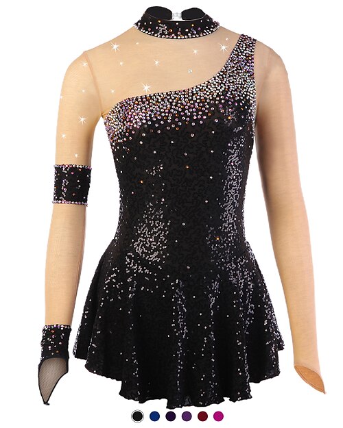 Robe de Patinage Artistique Femme Fille Patinage Robes Tenue Rose clair Violet Rouge foncé Ourlet Asymétrique Maille Spandex Haute élasticité Entraînement Compétition Tenue de Patinage Fait à la main