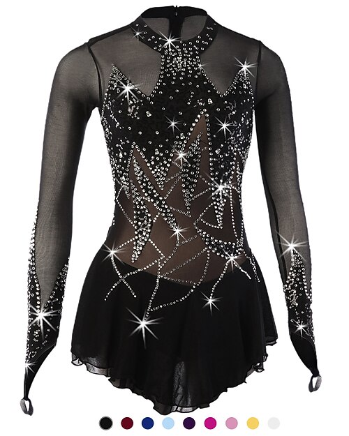 Vestido de patinaje artístico Mujer Chica Patinaje Sobre Hielo Vestidos Accesorios Rosado morado Violeta Negro Licra Alta elasticidad Competición Ropa de Patinaje Hecho a mano Flores Botánica Manga