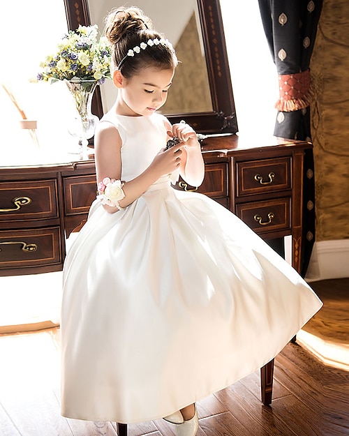 Abito da Ragazza dei Fiori A-Line Lunghezza Caviglia Prima Comunione Ragazze Carino Abito da Ballo Satin con Fiocco(i) Elegante Fit 3-16 Anni vestito da impressionare