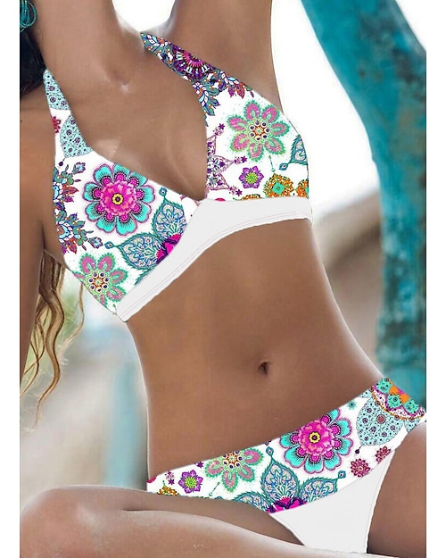 Női fürdőruhák Bikini 2 Részes Csípős fürdőruha Nyakpántos 2 Részes Hátul Nyitott Szexi Trópusi Szexi Virágos V Drót Ujjatlan fürdőruhák