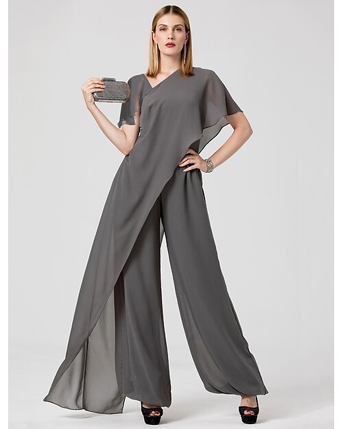 Tute eleganti da sera abito elegante estate lunghezza a terra maniche corte scollatura a V chiffon rimovibile con incroci