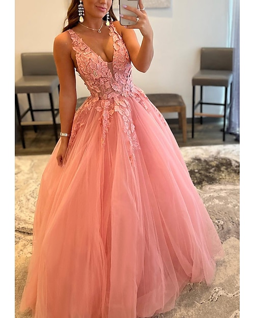 Robe de bal A-Line robe à dos ouvert invitée formelle à un mariage longueur au sol sans manches décolleté en V tulle sans dos avec plis perles appliques 2025