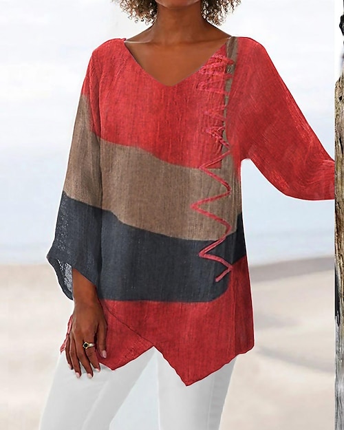Camicia Tunica da Donna Blusa Base Stampa Color Block Manica Lunga Lunghe Top Collo a V Casual Rosso Primavera Autunno