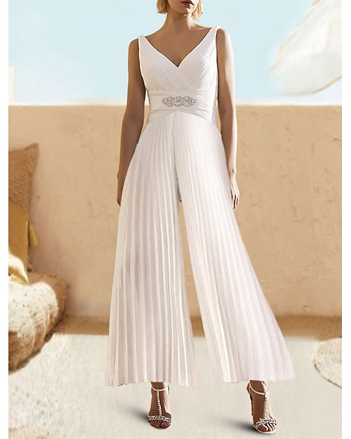 Combinaisons élégantes Robe Invité de mariage été longueur cheville sans manches en V en chiffon dos échelonné avec plis cristaux