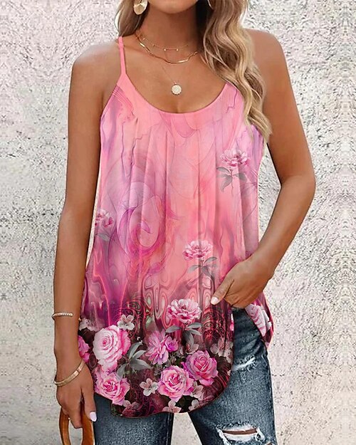 Canotta donna top base con stampa floreale senza maniche top regolari scollo a U casual vacanze rosa blu viola arancione verde