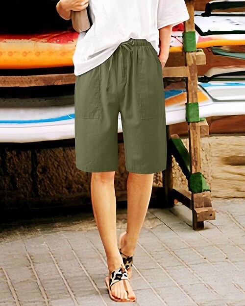 Femmes Short en coton et lin Bermuda Mode Basique Occasionnel Longueur Genou Taille Moyenne Uni Cordon de serrage Poches Latérales Bouffant Confort Non Elastique Vacances Rue Fête Noir Blanche Bleu