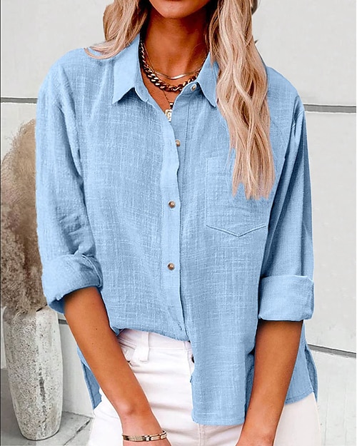 Per donna Camicia Camicie di cotone e lino Abbottonare Blusa Semplice Moda Neon & Luminoso Manica Lunga Colletto a Camicia Top Regolari Casuale Bottoni Tasca Blu denim Nero Bianco Giallo Rosa