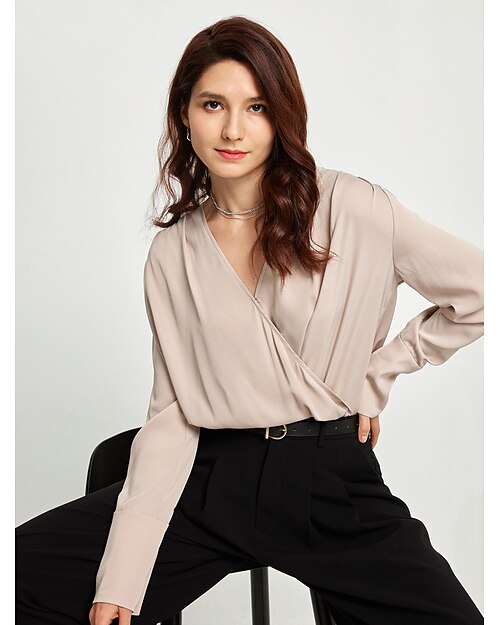 camicetta da donna a maniche lunghe, top casual essenziale da lavoro, camicetta avvolgente in raso beige con scollo a V