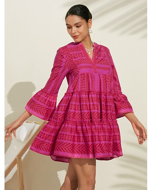 Femmes Robe Décontractée Robe d'été Robe rose Rose Claire Manches 3/4 Géométrique Motif rayé 100% Coton A Volants Volanté Ample Printemps & Été Printemps et été Boho Saint-Valentin Style de Mode