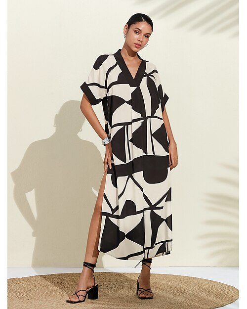 Femmes Blanche Manche Courte Géométrique Noir & blanc Motif Color Block Col en V Ample Double fente Printemps & Été Printemps et été Motif Géométrique Confortable Ample Vacances S M L