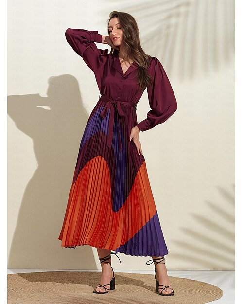 Femme Robe satinée Ourlet Maxi Violet manche longue Géométrique Bouton Ceinture à nouer Printemps Col V Robe Maxi S M L