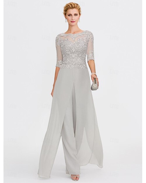 Jumpsuit  costume pantalon de mariage à la plage mère de la mariée invitée de mariage formelle élégante wrap inclus col bateau longueur au sol chiffon manches 3/4 avec appliqués