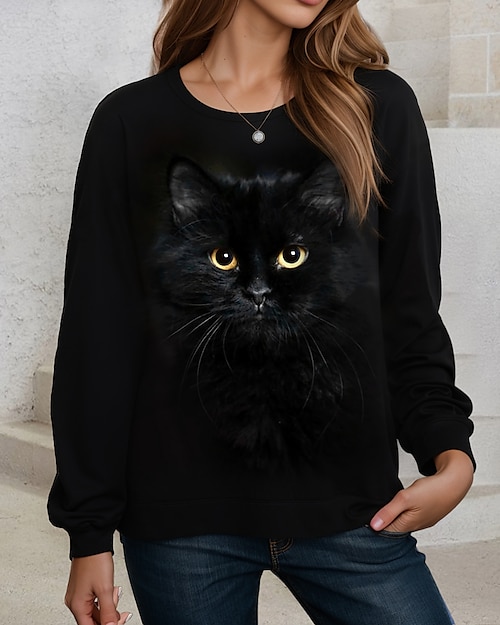 Women's Plus Size Sweatshirt Pullover Cat Street Casual Black Basic Round Neck Long Sleeve Top Micro-elastic Fall & Winter