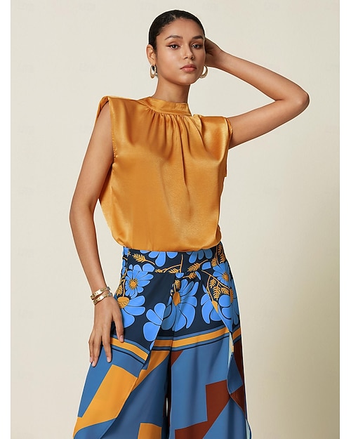 camicetta senza maniche in raso a collo alto