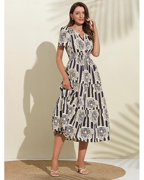 Gestreiftes Baumwollkleid mit V-Ausschnitt und Blumenmuster und Puffärmeln