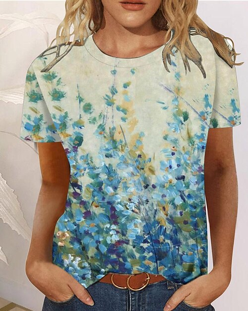 Women's T shirt Tee Floral Print Casual Holiday Fashion Short Sleeve Round Neck Royal Blue Summer