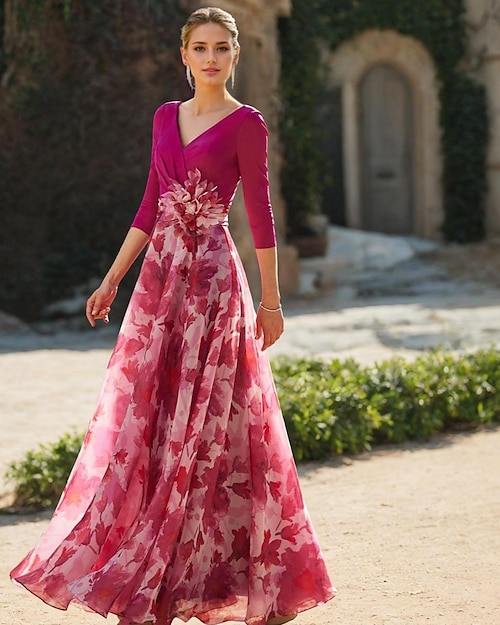 Abito della madre della sposa in A-line da matrimonio sulla spiaggia elegante abito da ospite di matrimonio con scollo a V lungo fino al pavimento in chiffon maniche 3/4 con fiore abito da ospite di