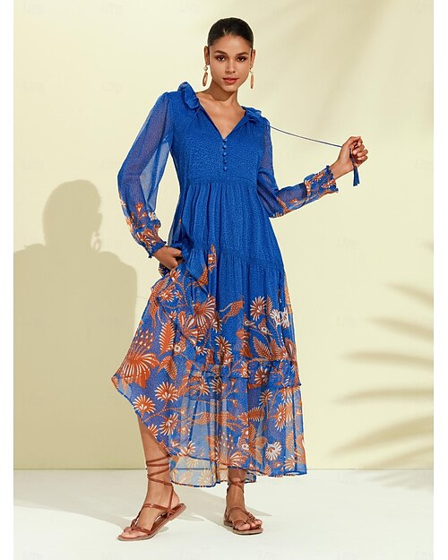 robe boho à manches bouffantes en mousseline de soie à fleurs tropicales