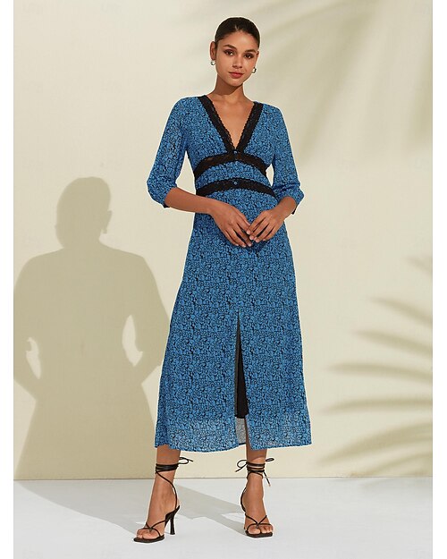 Femmes Robe trapèze Robe Fleurie Robe Imprimée Robe Midi Bleu Manches mi-longues Fleurs / Plantes Style Floral Imprimé Longue Printemps & Été Col en V Façade en V Doux Date S M L