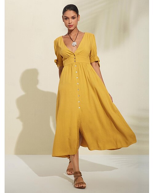 Vestido de té midi con detalle de lazo amarillo en mezcla de lino para mujer