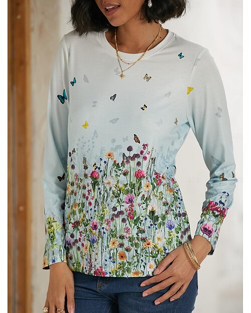 Per donna maglietta Bianco Rosso Viola Floreale Farfalla Stampa Manica lunga Informale Giornaliero Essenziale Vintage Rotonda Standard Floreale Astratto Pittura S