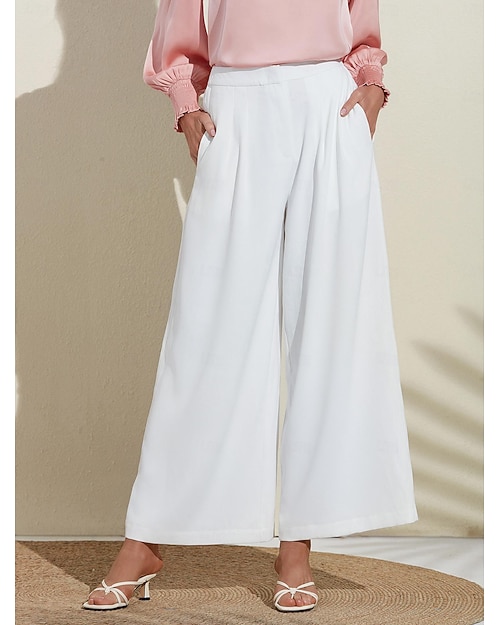 Damen Basic-Hose in Weiß, weites Bein, volle Länge, elastische Taille