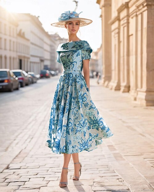 Robe A-Line Mère de la mariée Robe de mariage formelle Invité de mariage Vintage Encolure droite Longueur thé Manches courtes avec plis Robe de mariée bleue pour invité Jour de course