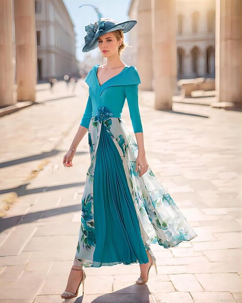 Robe mère de la mariée A-Line Robe de mariée invitée formelle élégante décolleté en V longueur cheville en chiffon tissu extensible manches 3/4 avec plis robe de jour de courses robe invitée au
