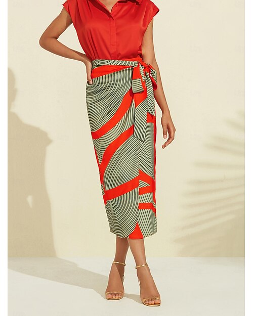 jupe mi-longue en satin color block à taille élastique