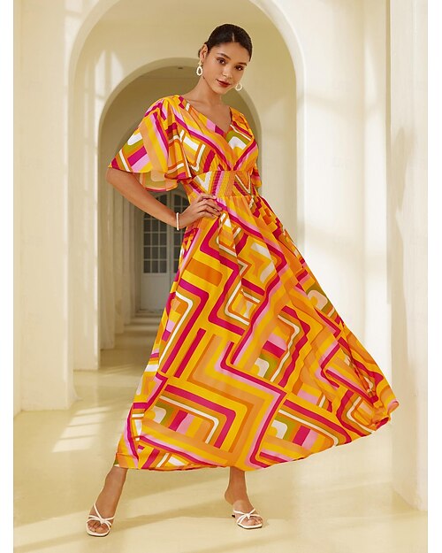 Femme Robe de Mousseline Robe Maxi Orange Manche Courte Géométrique Imprimé Printemps été Col V Robe Motif S M L