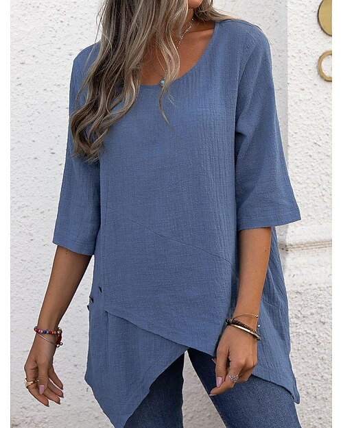 Chemise Chemisier Chemises en coton et lin Femmes Bleu Vert Gris Uni Ourlet asymétrique Rue Quotidien Mode Col rond Coupe régulière S