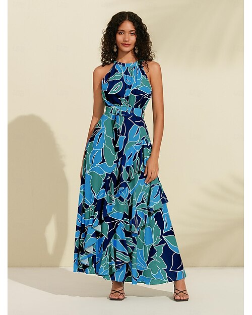 Dames Chiffon jurk Maxi-jurk blauw Mouwloos Bloemig Ruche Opdrukken Lente zomer Ronde Patroon jurk XS S M