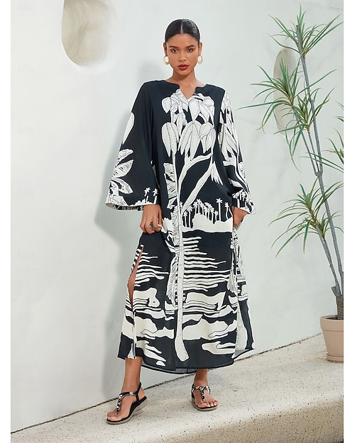 Rochie neagra Rochie Maxi Negru Manșon Lung Plante Primavara vara În V Vacanță Zilnic S M L