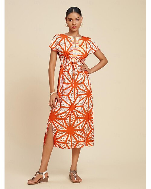 Femme Robe mi-longue Robe mi-longue Orange Manche Courte Folk Cordon Printemps été Col fendu Robe Motif S M L