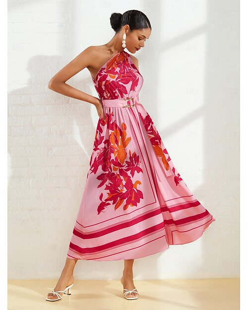 Femmes Robe Imprimée Robe maxi Rose Claire Sans manches Fleuri Style Floral Boucle Été Une Épaule Robes Vacances S M L