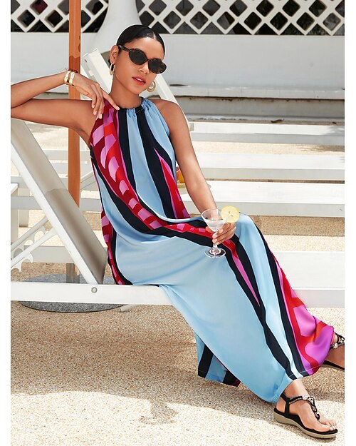 Femmes Robe à col licou Maxi en Satin Robe maxi Arc-en-ciel Sans manches Couleur Contrastée Bloc de Couleur Été Col Halter Vacances XS S M