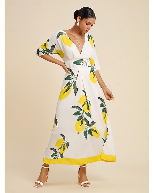 Damen Maxi-Saum Satin-Maxi Maxikleid Gelb Halbarm Frucht Druck Frühling und Sommer V Ausschnitt Kleider Urlaub S M L