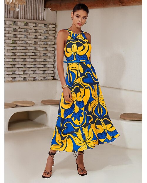 Mulheres Vestido midi Vestido midi Amarelo Sem Manga Floral Com cinto Estampado Primavera Verão Gola Alta padrão Vestido S M L