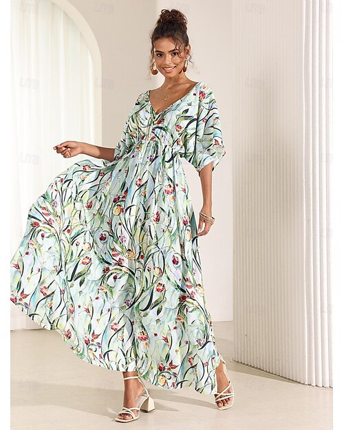 Damen Midikleid Schwingkleid A Linie Kleid Sommerkleid Elegant Bohemien Tropisch Flattrige Ärmel Urlaub Täglich Date Lässiger Schnitt Blumen Kurzarm V Ausschnitt Blau Grün Sommer