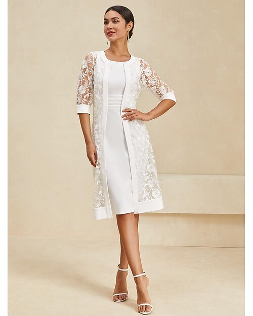 Femmes Robe Longueur Genou Robe Blanche Élégant Formel Soirée Coupe régulière Demi Manches Col ras du cou Blanche Été